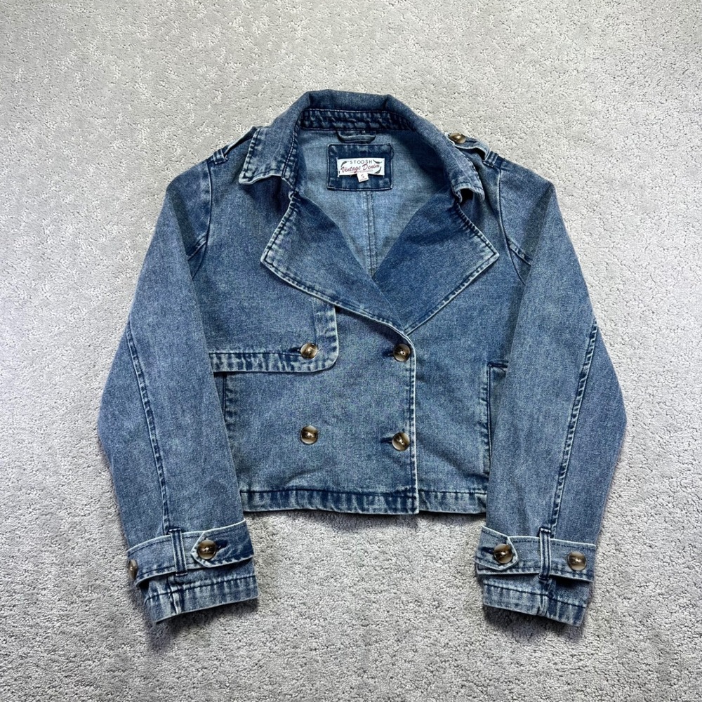 Stoosh Denim Jacket Womens Small Blue Cropped Double Breasted Moto‎ Vintage